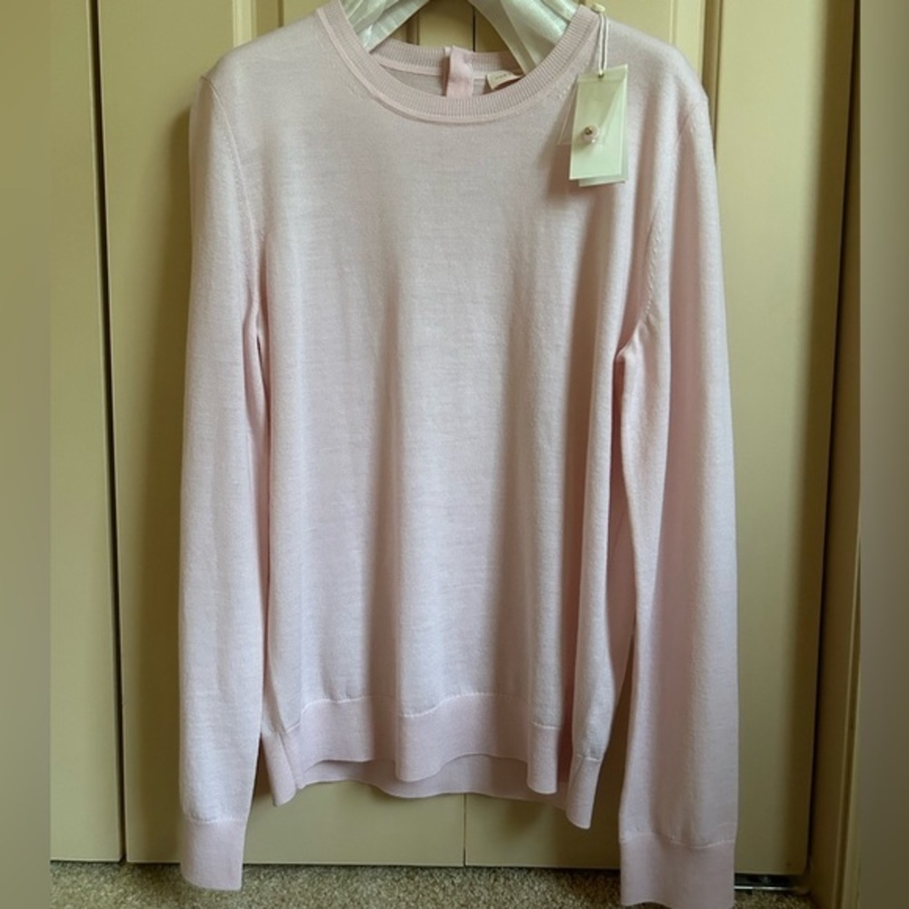 $398 Tory Burch Iberia Long Sleeve Pullover Logo Sweater Light Pink Quartz sz M